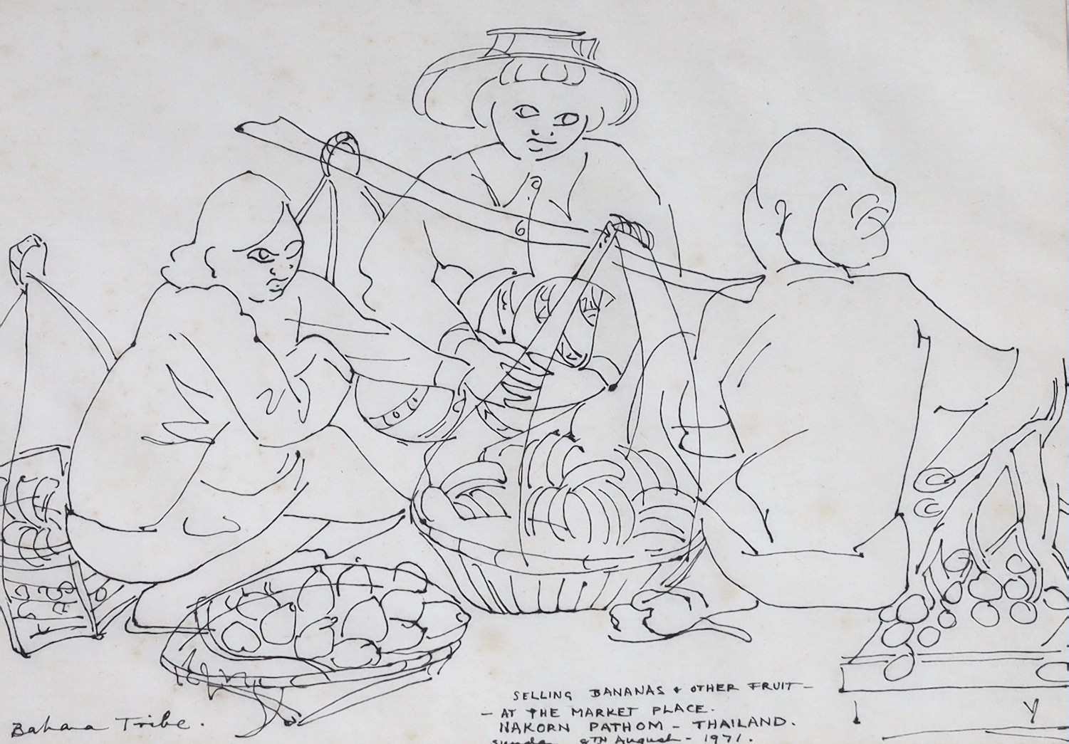 Barbara Tribe (1913-2000), pen and ink, 'At the market place', signed and dated 1972, 28 x 38cm